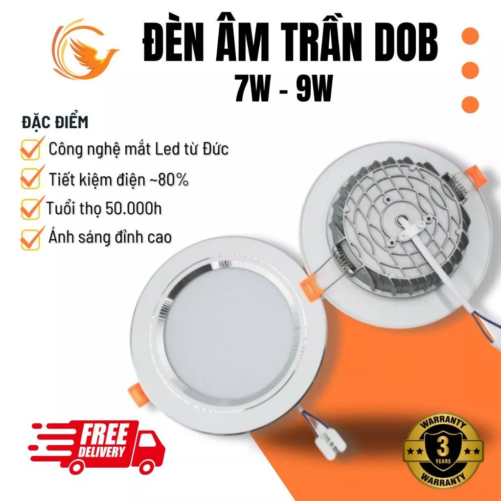 Đèn Âm Trần Downlight | Đèn LED DOB Đế Đúc Liền Nguồn | 7W - Phi 90 | Ánh Sáng Trắng, 3 Màu | Bảo Hành 3 Năm